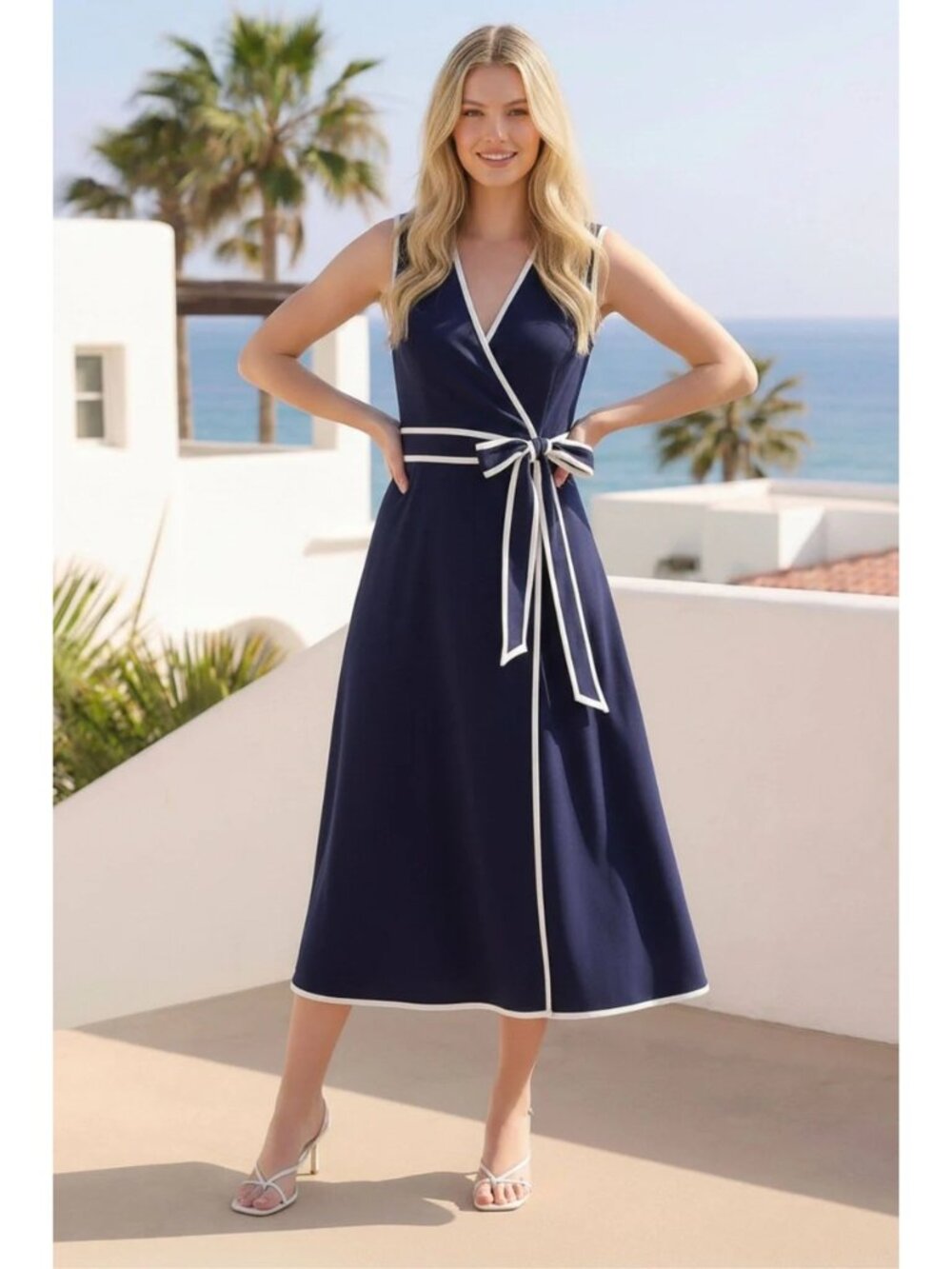 Calvin Klein Dress Size 6 Wrap Midi Navy Sleeveless Contrasting White Trim